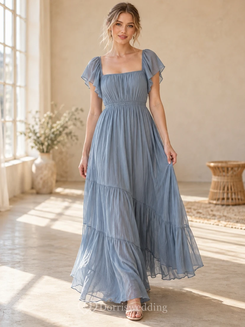 Vestido largo de gasa azul acero con cuello cuadrado y mangas con volantes, estilo bohemio, para damas de honor.