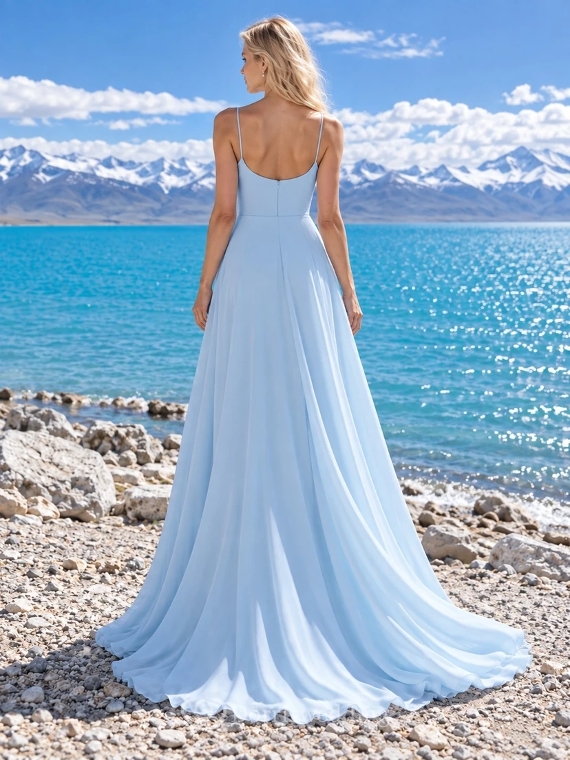 Vestido de novia sencillo de corte A con escote redondo y sin mangas en azul cielo view 2