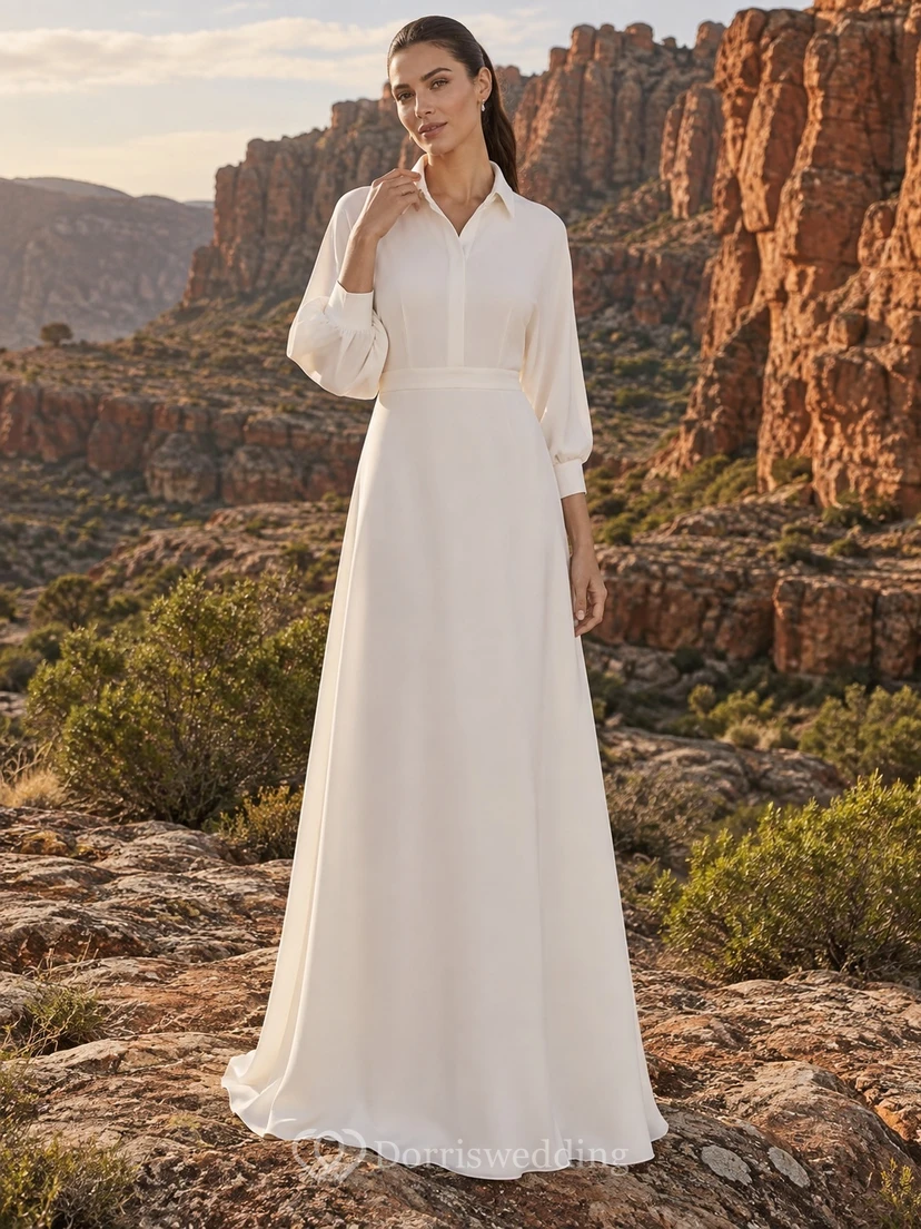 Schlichtes, elegantes Chiffon-Brautkleid mit Kragen, Dreiviertelärmeln und A-Linien-Länge, bodenlang