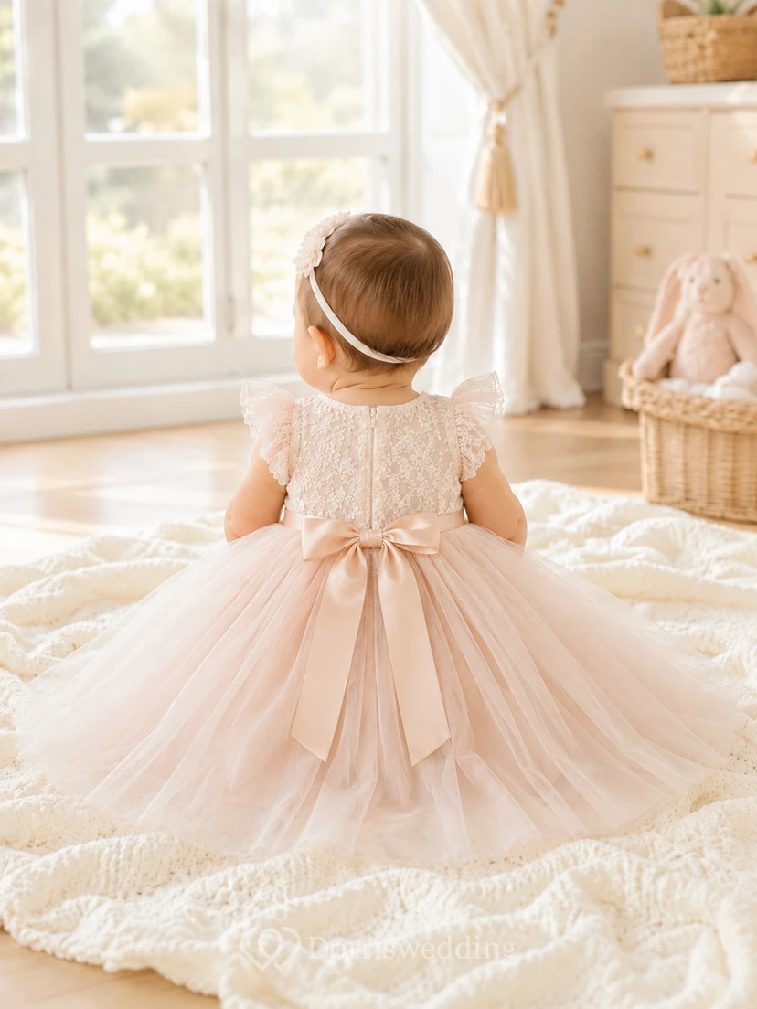 Blush Lace Bodice Tulle Baby Christening A-Line Flower Sash Dress view 2