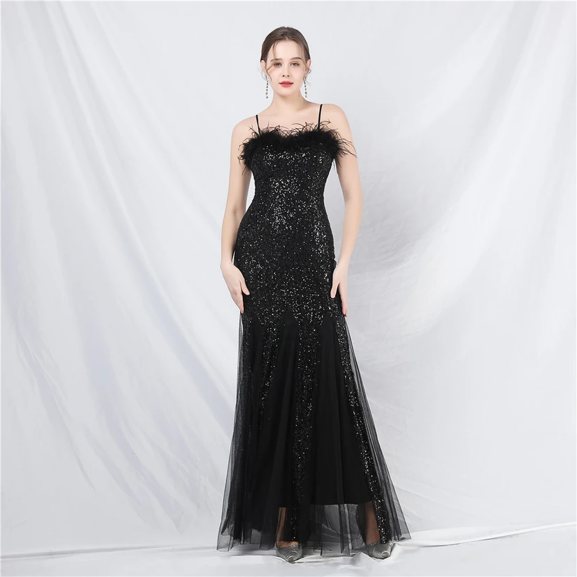 Craft Ostrich Feather Mesh Sequined Long Evening Dress view 56