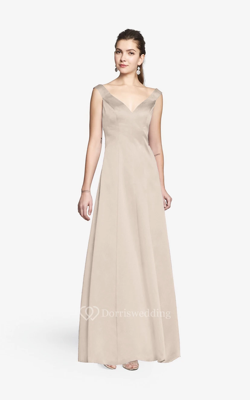 Simple V-neckline Floor-length Satin Dress With Cap Sleeves view 24