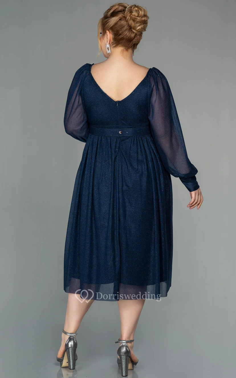Vestido casual de manga larga, escote en V, corte imperio cruzado, largo hasta la rodilla, talla grande, para la madre de la novia view 6