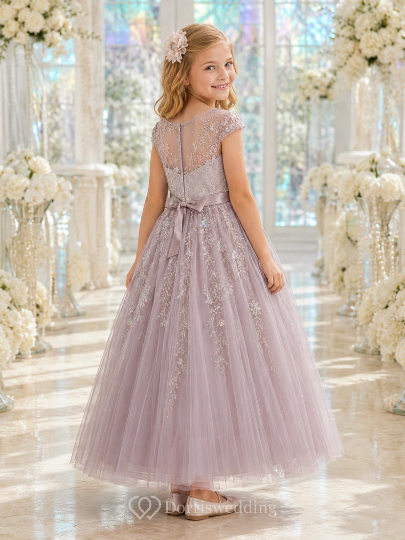 Flower Girl Dress A-Line Vintage Mauve Lace Tulle Cap Sleeve Wedding view 2