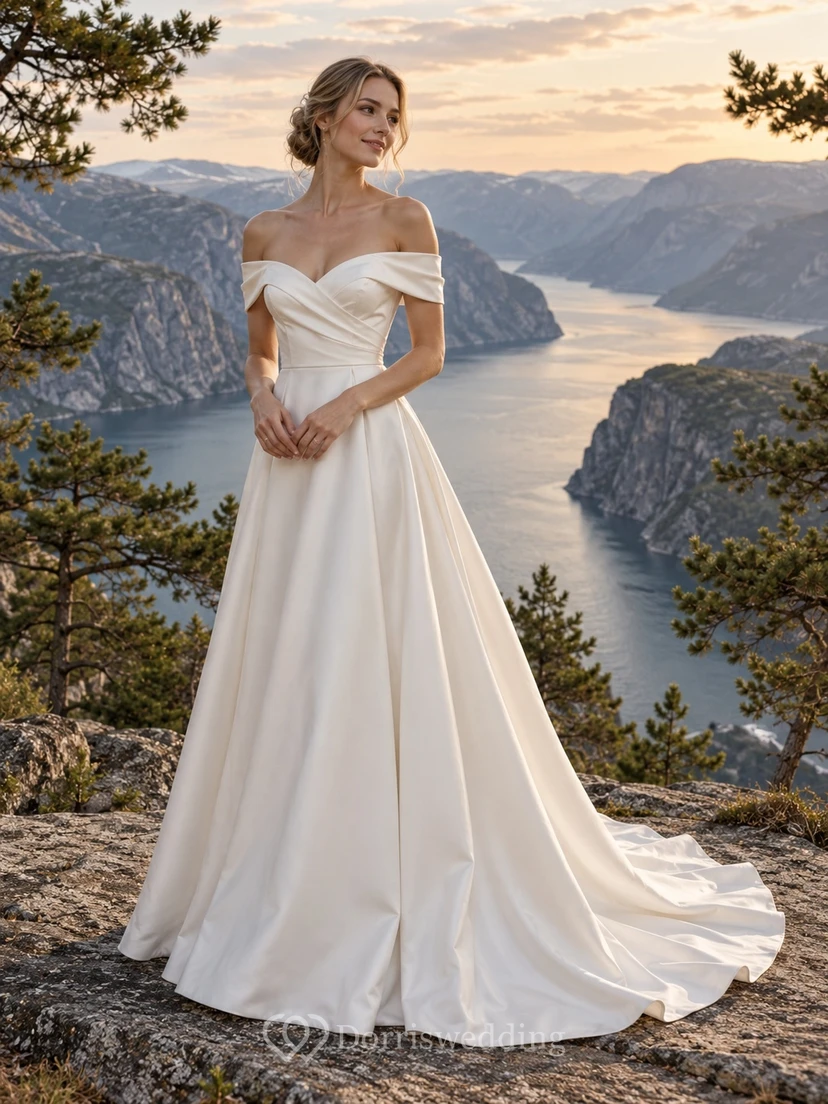 Vestido de novia de satén con escote Bardot, corte en A, corpiño cruzado simulado y cola redondeada.