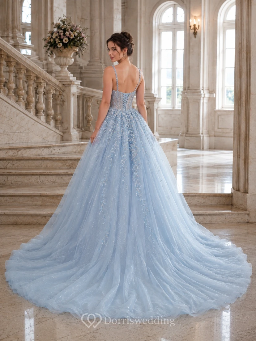 Sky Blue Spaghetti Beaded Corset Tulle Ball Gown Front Split Sweep Train Prom Dress view 2