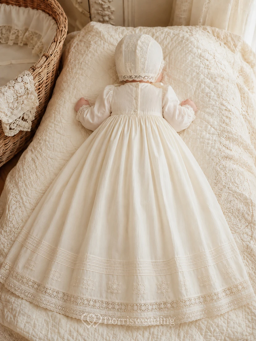 Vestido de bautizo vintage de algodón con encaje, manga larga y corte en A. view 2