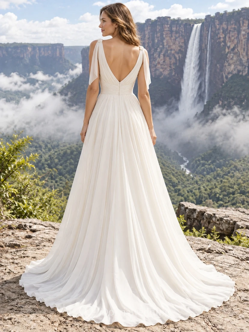 Vestido de novia de gasa con escote en V, tirantes drapeados y falda amplia en línea A. view 2