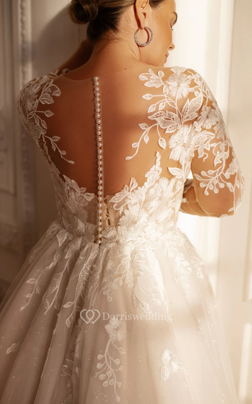Robe de bal sexy grande taille en dentelle bateau, tulle illusion, coupe trapèze, traîne balayée et appliques view 3