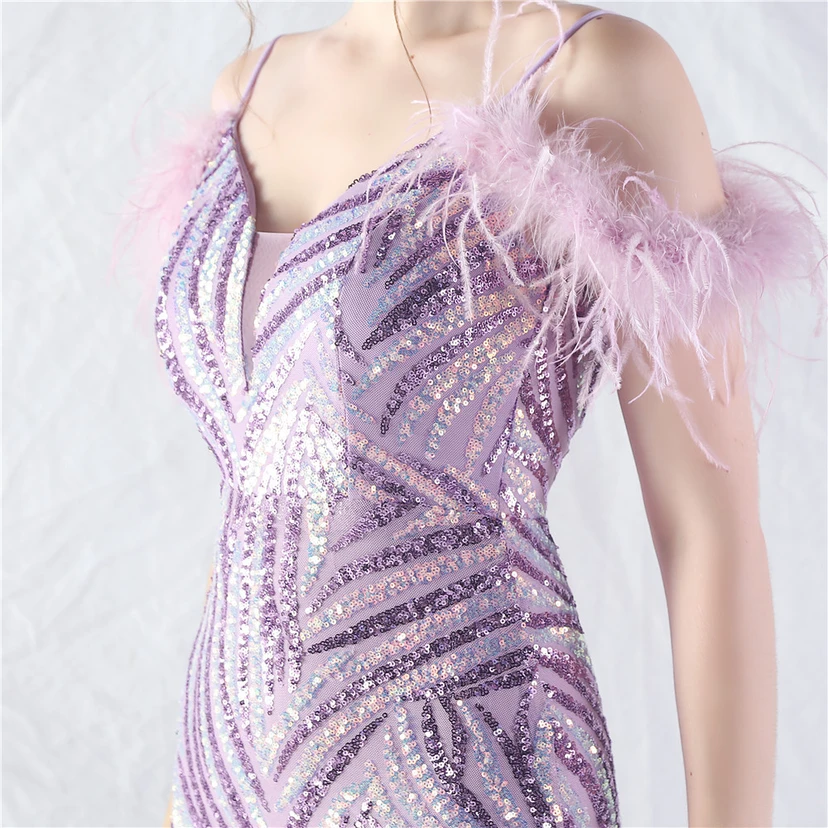 Crafted Ostrich Feather Stacked Sequins Splicing Mesh Gauze High-End Evening Dress Clothes view 98