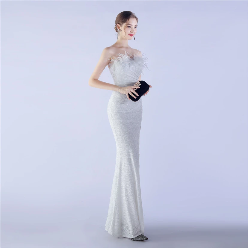 Ostrich Feather Plus Folding And Wrinkling Technology Host Dinner High-End Evening Dress view 49