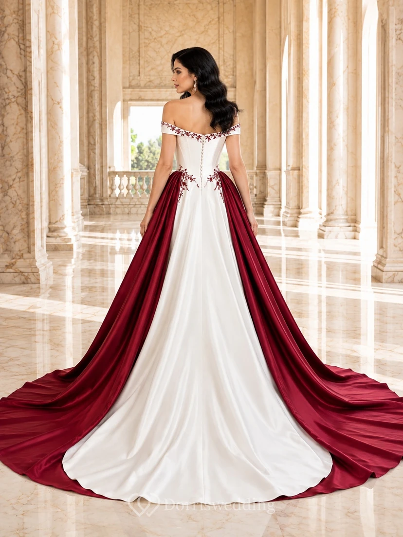 Burgunderrotes, drapiertes Brautkleid in A-Linie mit schulterfreiem, ärmellosem Schnitt und Schleppe – modern und elegant view 2