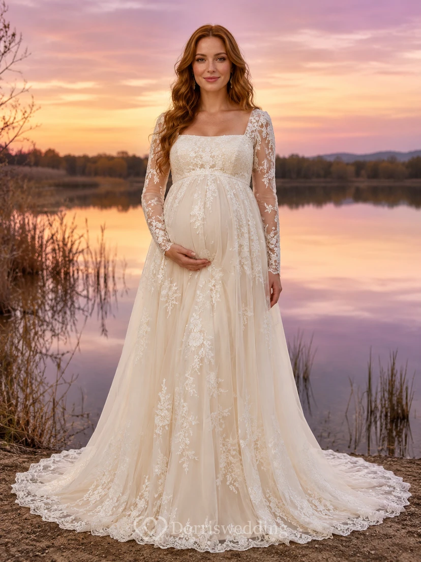 Maternity Wedding Dress Square Neck Long Lace Sleeve Formal Bridal Gown with Train