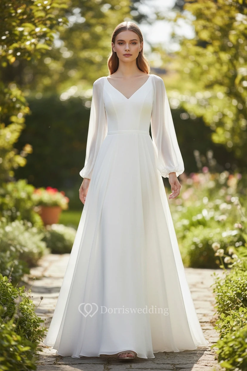 Long Sleeve V-Neck Chiffon A-line Simple Wedding Dress view 4