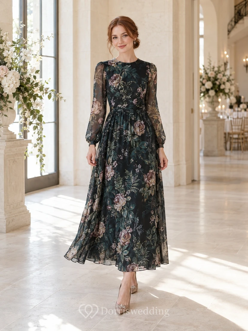 Vestido de invitada corto de corte A, largo hasta el suelo, color verde azulado con estampado floral, cuello alto y manga larga.