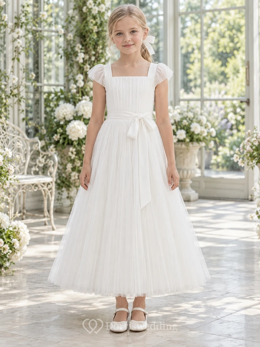 Square Neck Simple White Pleated Flutter Sleeve Ankle-length A-Line Tulle Satin Ribbon Bow Flowergirl Dress
