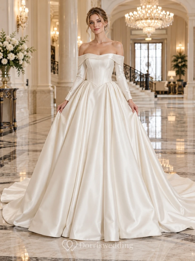 Robe de mariée simple en satin plissé à manches longues et épaules dénudées