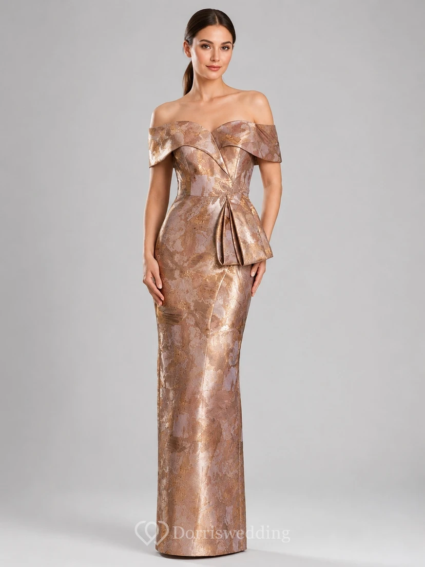Taupe Taffeta Off-the-shoulder Sheath Short Sleeve Draped Peplum Formal Mother Gown