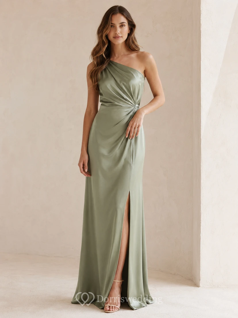 Sage one shoulder ruched satin slit floor length evening dress