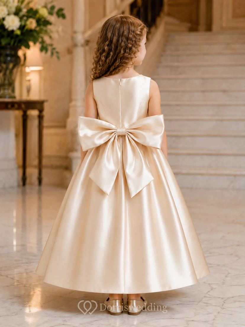 Blumenmädchenkleid aus champagnerfarbenem Satin, A-Linie, Rundhalsausschnitt, Teelänge, Schleifendetail view 2
