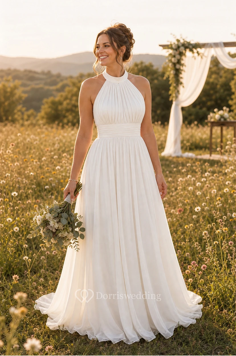 Vestido de novia blanco de corte A con escote halter view 9
