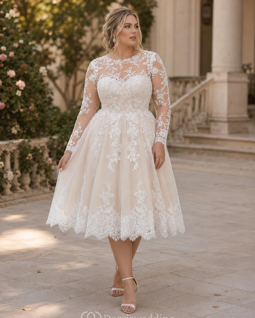 Robe de mariée mi-longue à manches longues en dentelle illusion style vintage view 5