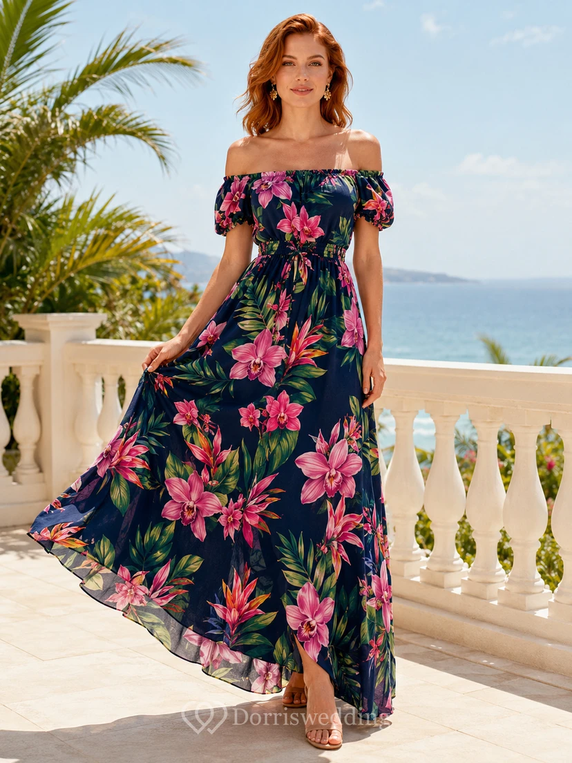 Navy Island Floral Off Shoulder Chiffon Maxi Guest Dress