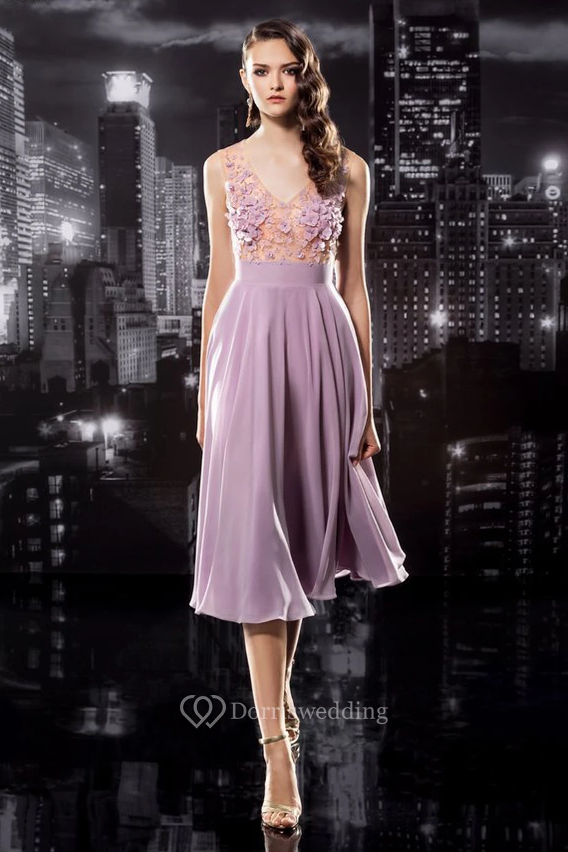 A-Line Tea-Length V-Neck Sleeveless Jersey Keyhole Dress With Appliques
