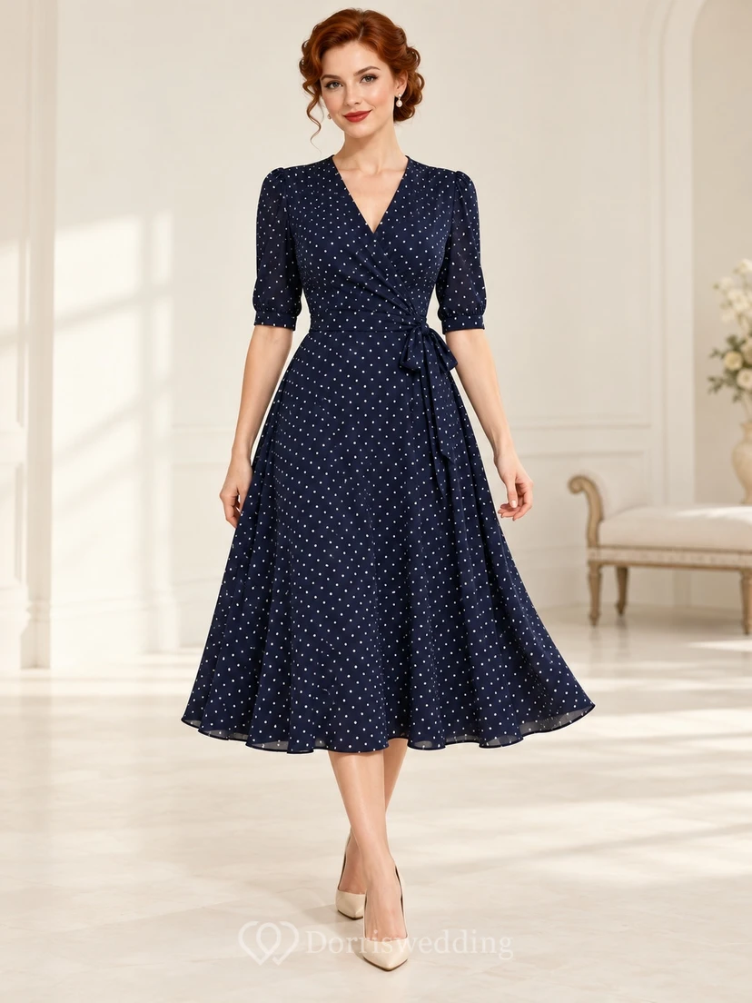 Vintage Dark Navy Polka Dot Wrap Sleeve Midi Guest Dress