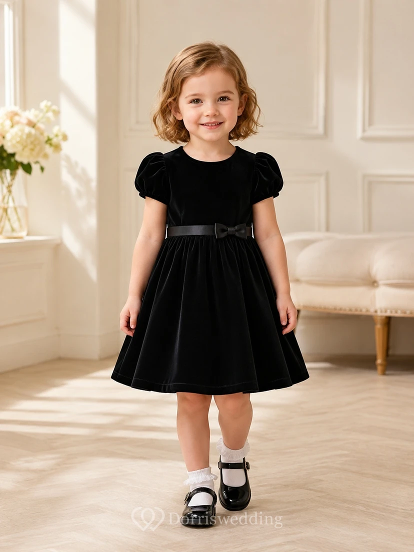 Black Jewel-Neck Puff-Sleeve Satin A-Line Mini Bow Adorable Flowergirl Dress