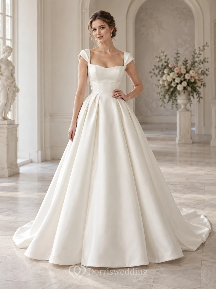 Vestido de novia sencillo de satén plisado con escote cuadrado, mangas cortas y cola de capilla