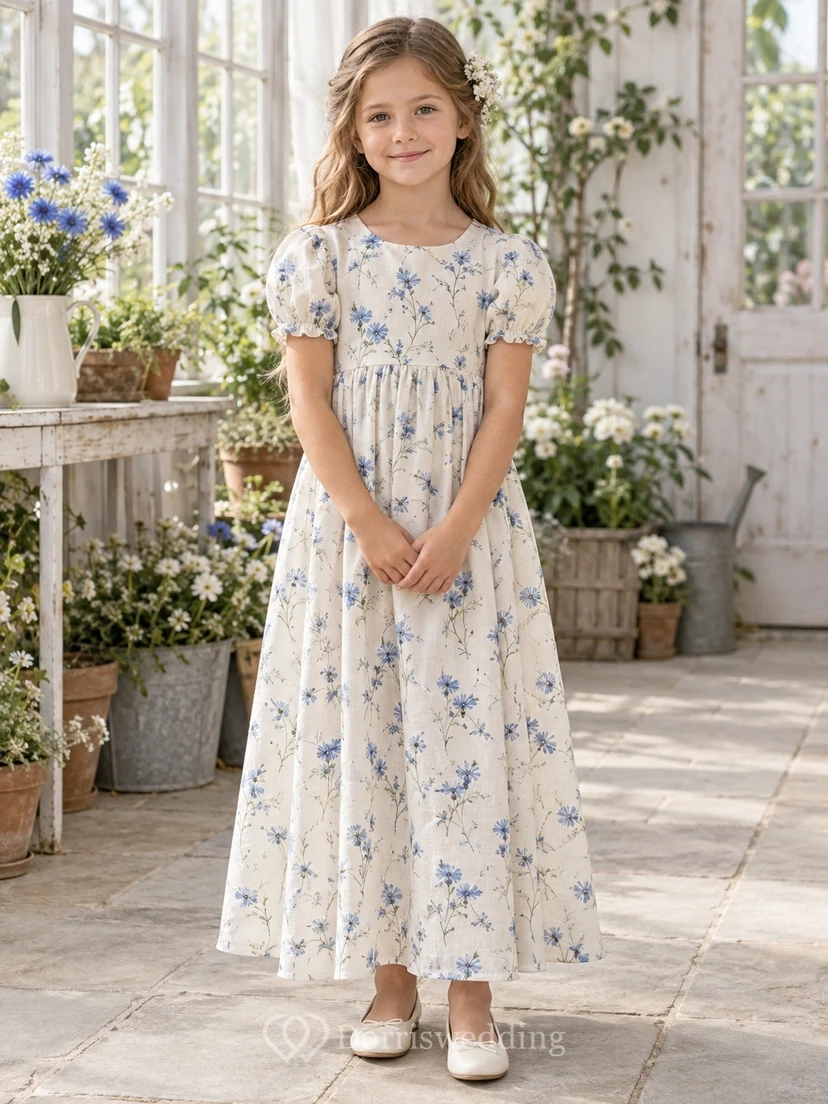 Country Cream Floral Puff Sleeve Jewel Neck Linen A-line Flower Girl Dress