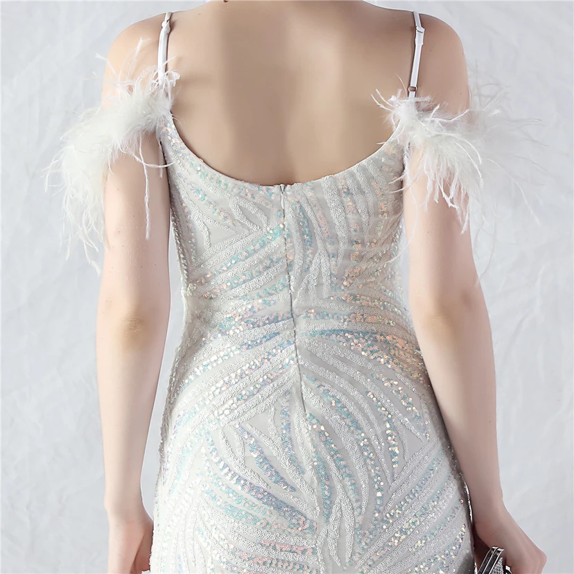 Crafted Ostrich Feather Stacked Sequins Splicing Mesh Gauze High-End Evening Dress Clothes view 67