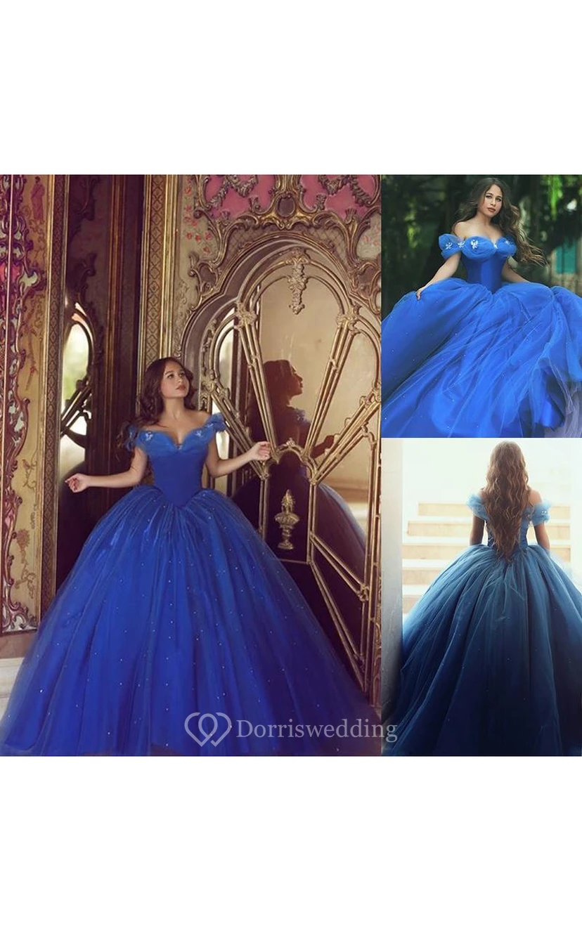 Ball Gown Floor-Length Off-The-Shoulder One-Shoulder Sweetheart Cap Zipper Tulle Lace Sequins Dress view 2