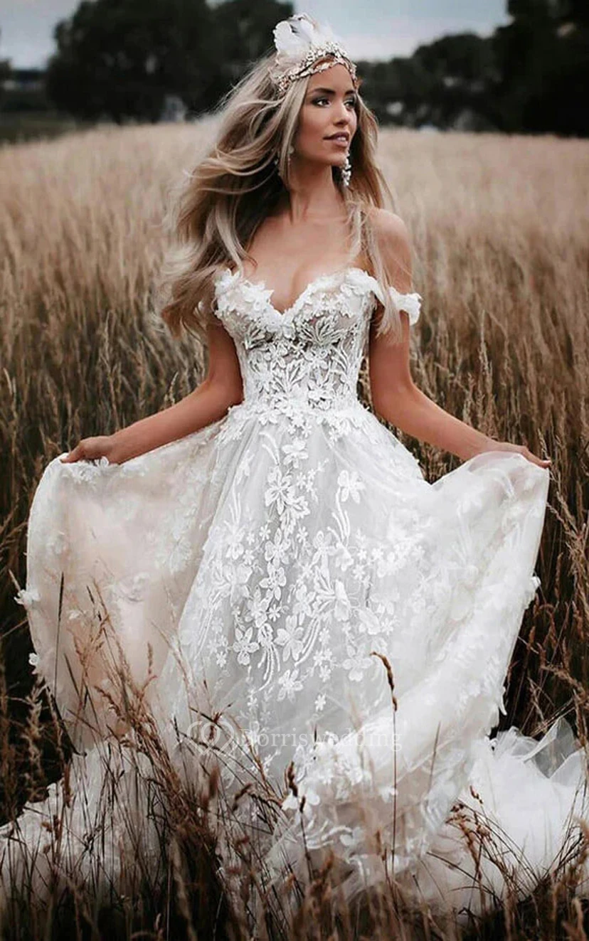 Sexy Country Off-the-shoulder Lace Empire Boho Wedding Dress view 3