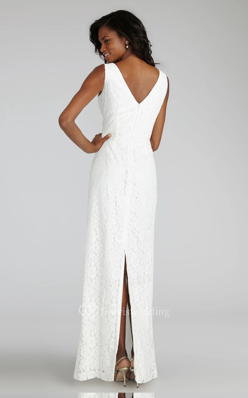 Impressive Sheath Floor-length Lace Dress with V-neck and Criss Crossed Ruching  view 7