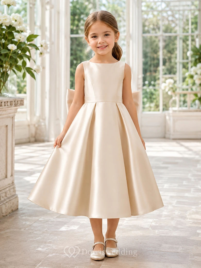 Flower Girl Dress Ivory Satin A-Line Square Neck Tea Length Bow Detail