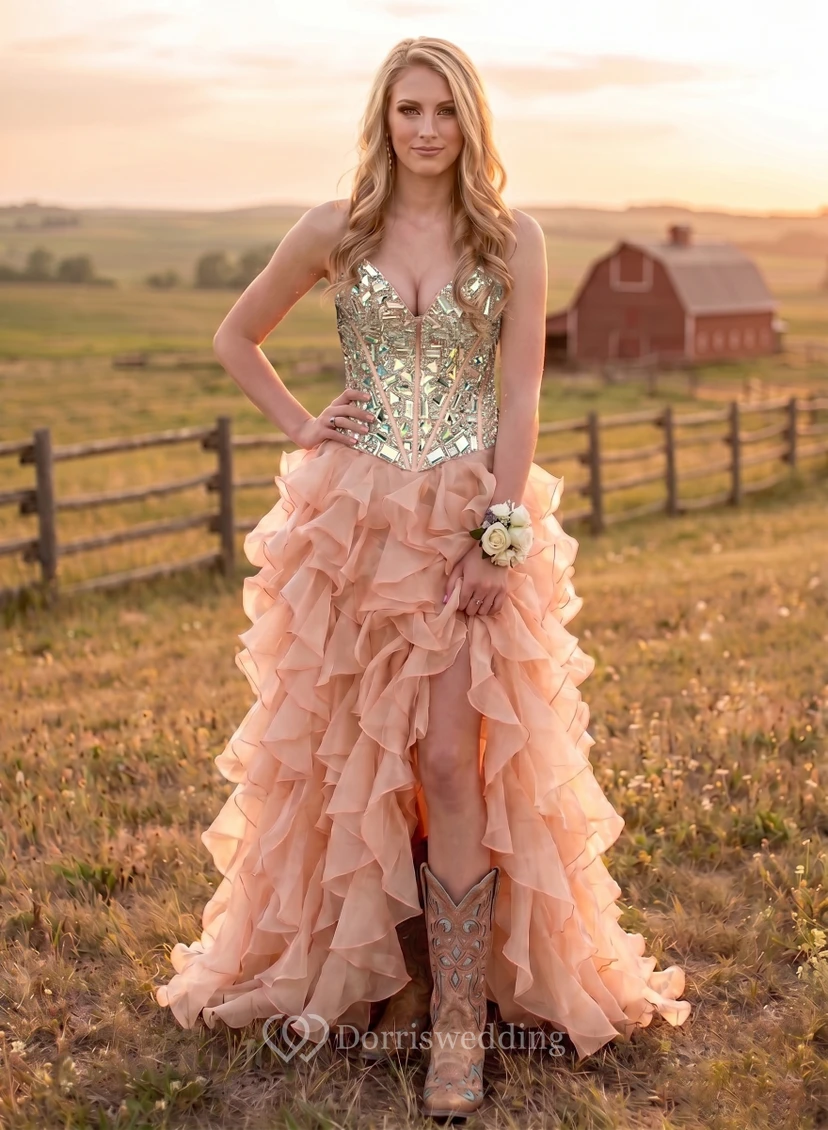 Dusty Rose Country Ruffled Long Layered Prom Dress with Beadings