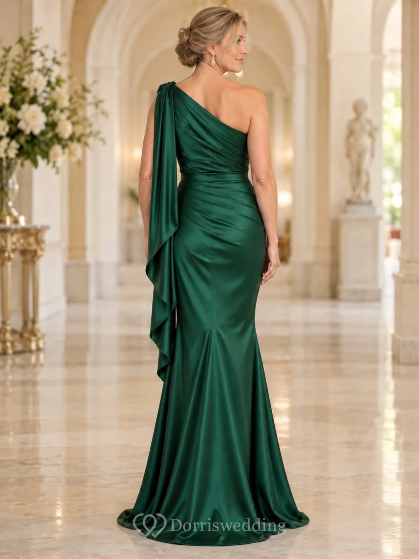 Robe de soirée sirène vert émeraude, asymétrique, drapée en satin, longueur au sol, avec empiècement d'épaule. view 2