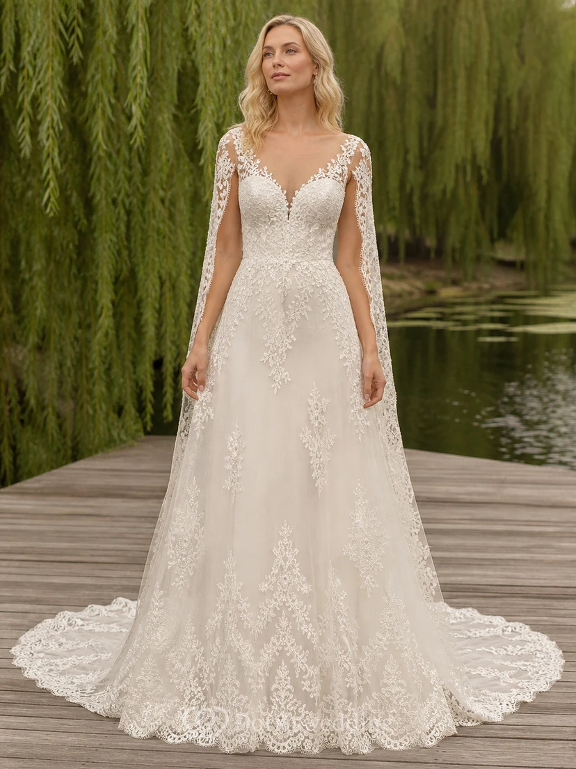 Vestido de novia modesto de manga larga, corte en A, escote en V, encaje con detalles de volutas y cola catedral.