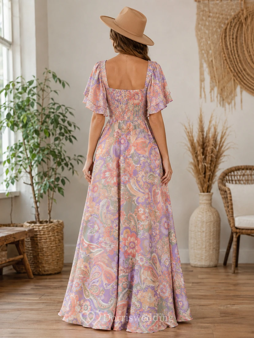 Vestido largo bohemio fluido de manga abullonada en tonos pastel psicodélicos para ocasiones especiales view 2