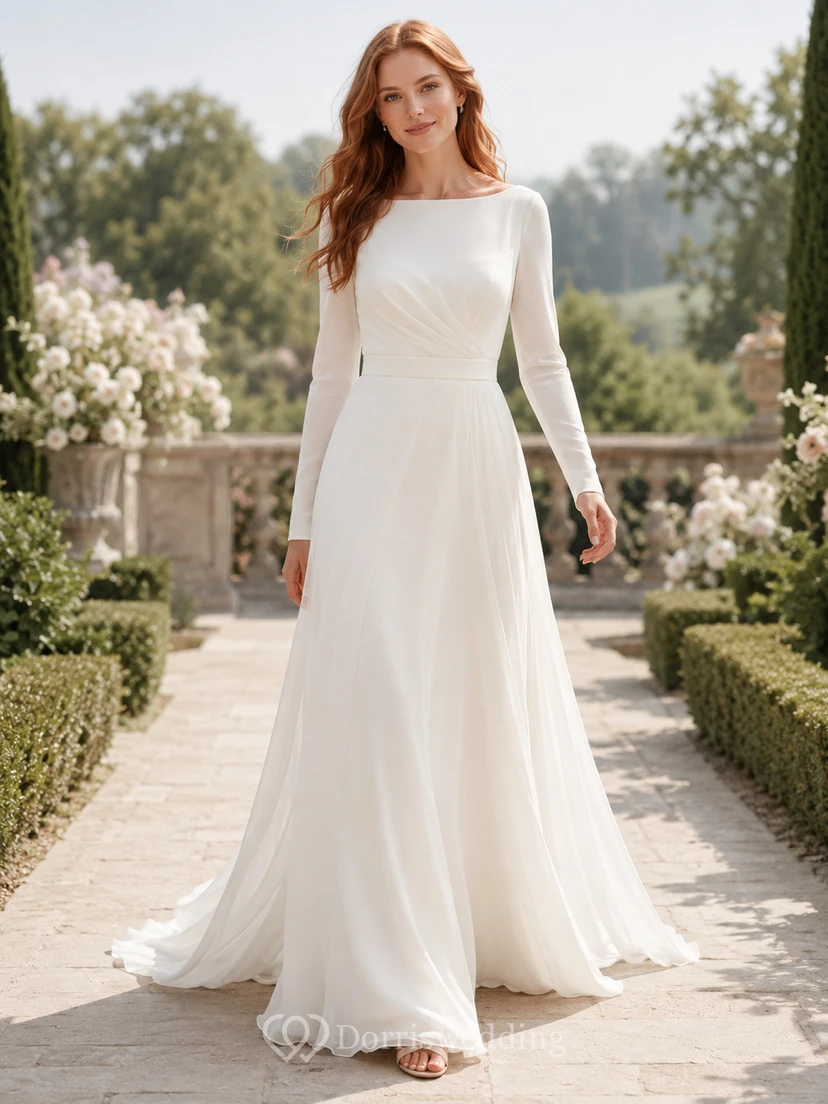 Minimalist Chiffon Wedding Dress A-Line Bateau Neck Long Sleeve Sweep Train Bridal Gown