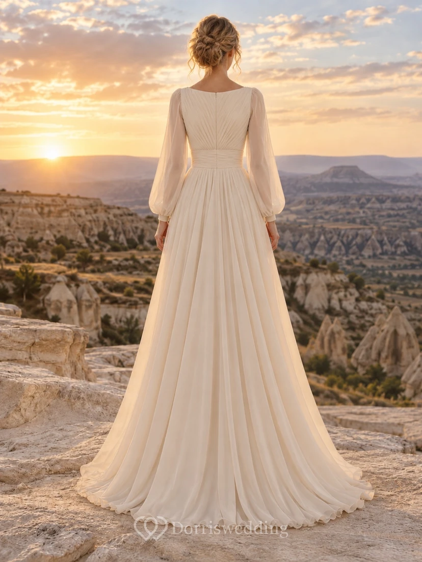 Langärmeliges, champagnerfarbenes Chiffon-Brautkleid mit U-Boot-Ausschnitt, Falten und A-Linien-Rock view 2