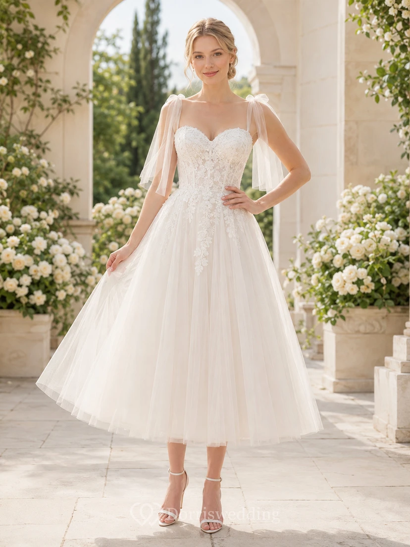 Romantic Tea-Length Sweetheart Tulle Cape Sleeve Elegant Adorable Wedding Dress