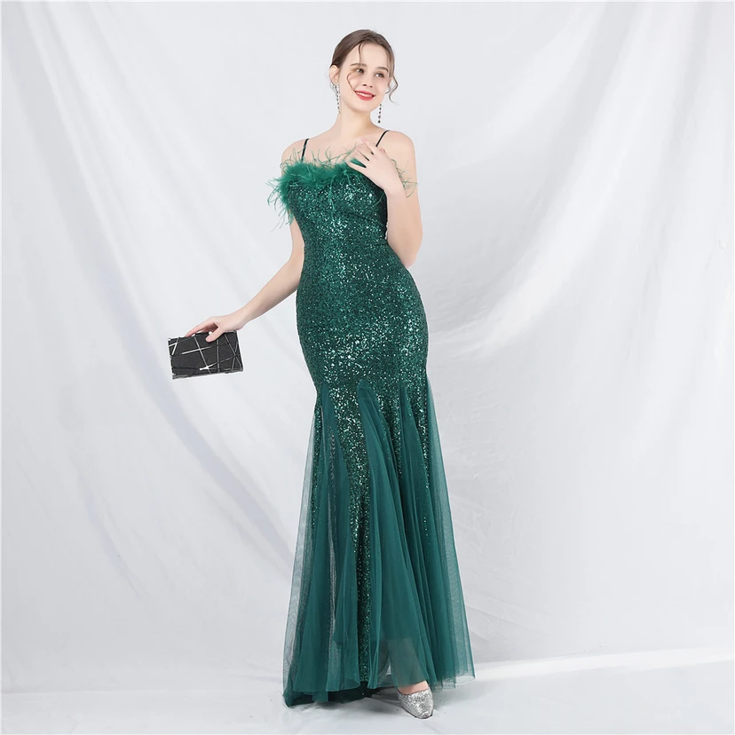 Craft Ostrich Feather Mesh Sequined Long Evening Dress view 32