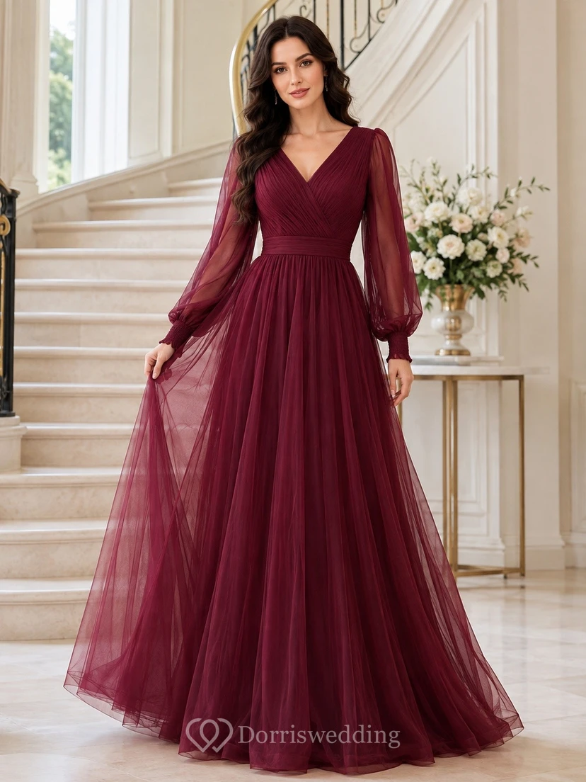 Burgundy Chiffon V-neck Long Sleeve A-Line Floor-length Formal Gown
