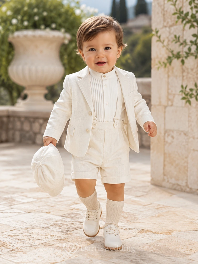 Elfenbeinfarbener Blazer mit Abnähern, kurzes formelles Tauf-Outfit für Jungen