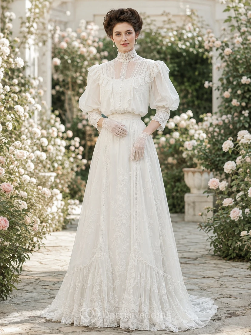 High Neck Illusion Lace Button Puff Sleeve A-Line Sweep Train Wedding Gown
