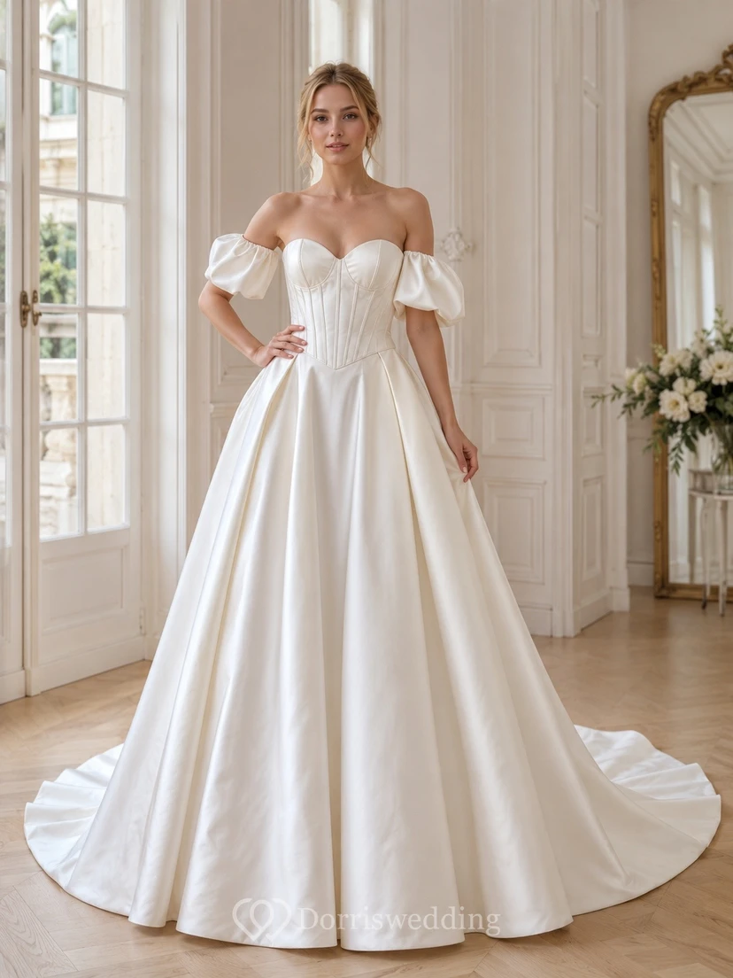 Vestido de novia de gala victoriano vintage con corsé de satén y hombros descubiertos