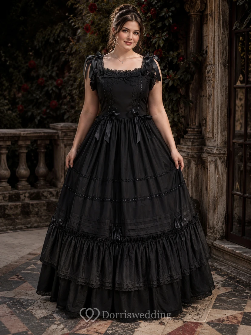 Vestido de novia de princesa, largo hasta el suelo, sin mangas, de corte cuadrado, con lazo, volantes y capas. view 2